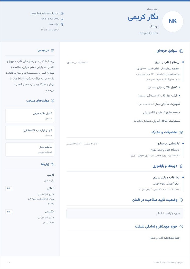 صفحهٔ اول رزومهٔ فارسی نگار کریمی در قالب آبی مدید